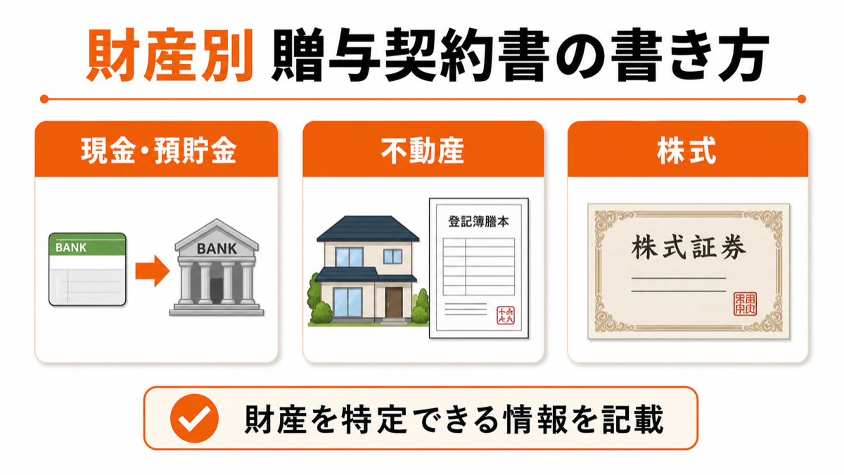 現金・不動産・株式別の贈与契約書の書き方を示した図解