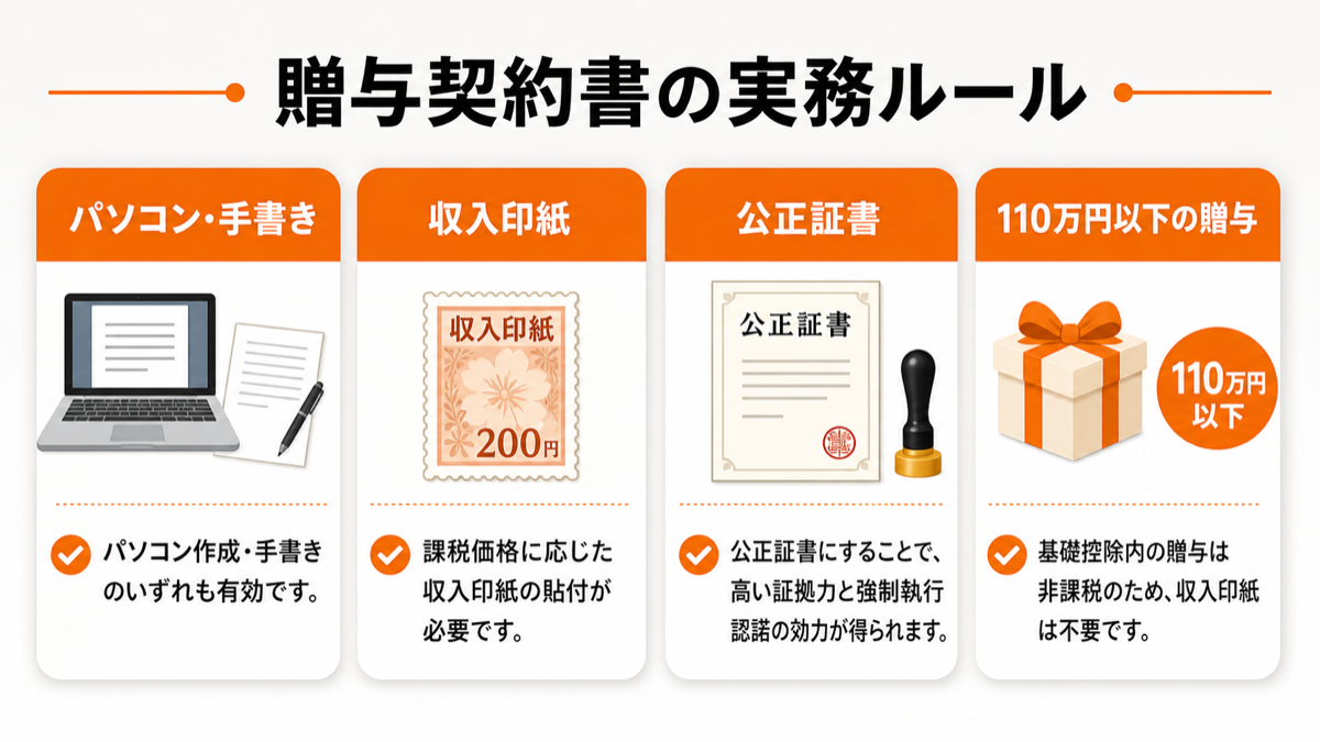 贈与契約書を作成する際の実務ルールの図解