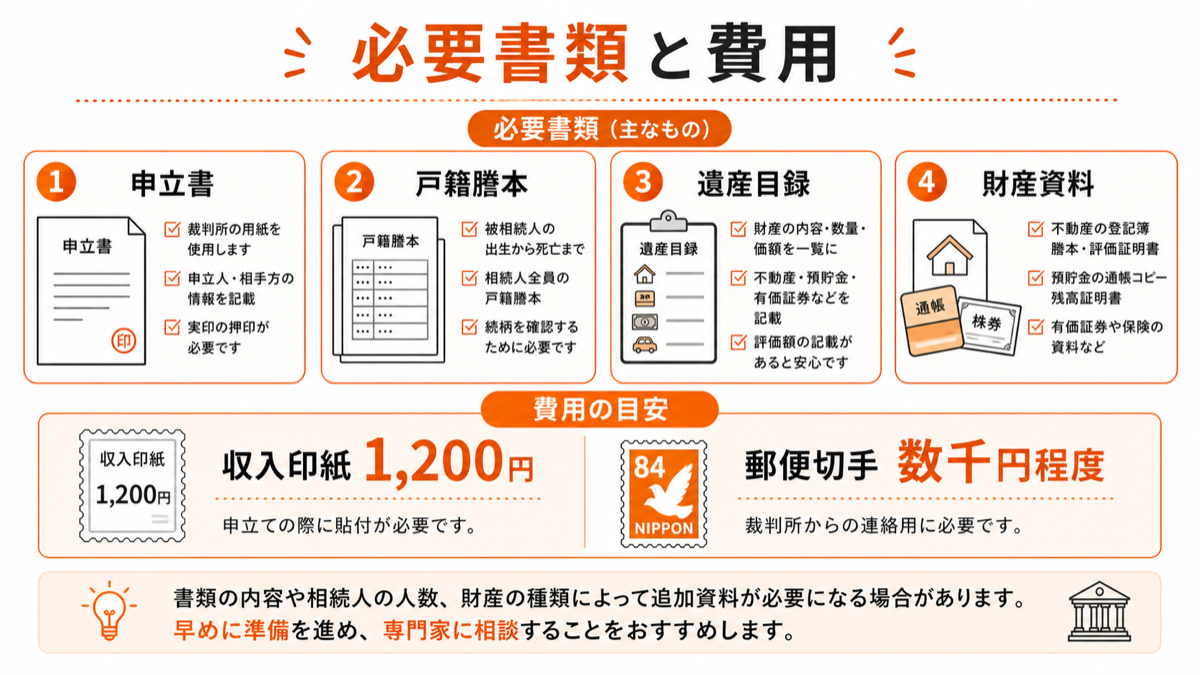 遺産分割調停の申し立てに必要な書類と費用をまとめた図解