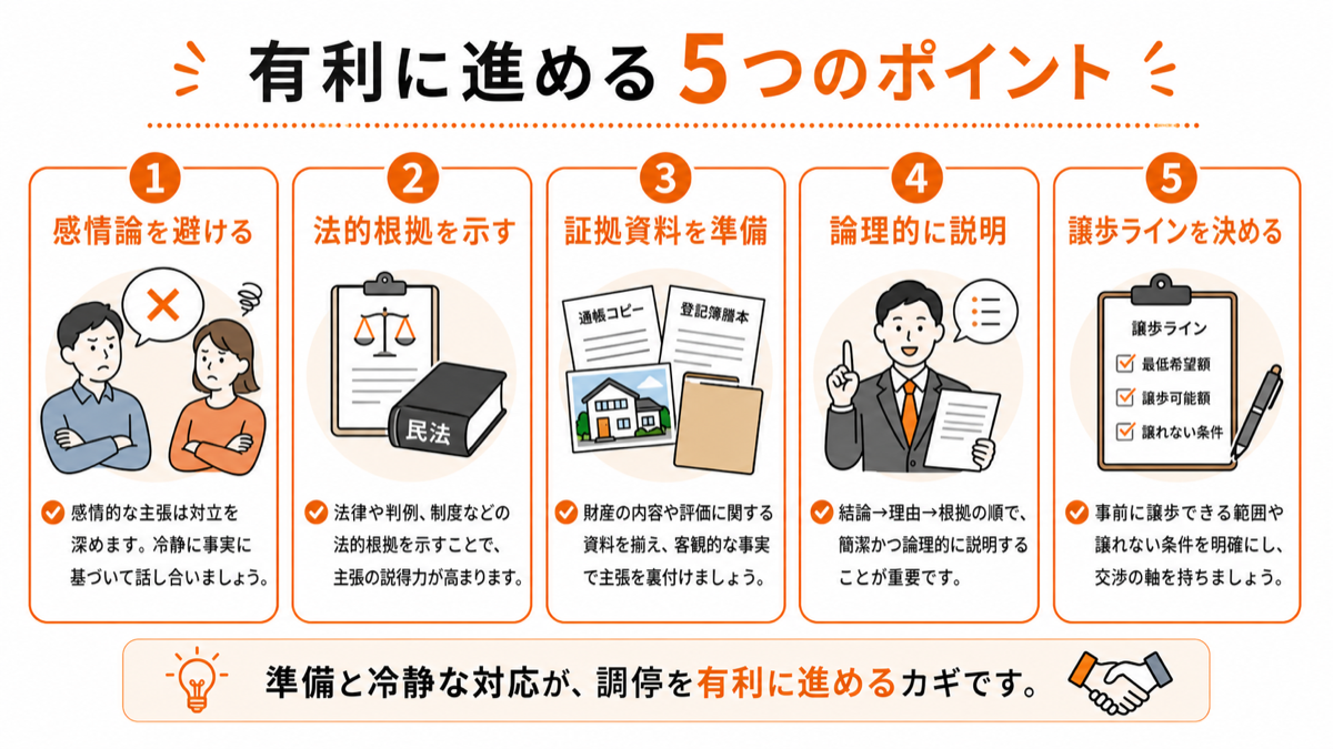 遺産分割調停を有利に進める5つのポイントをまとめた図解