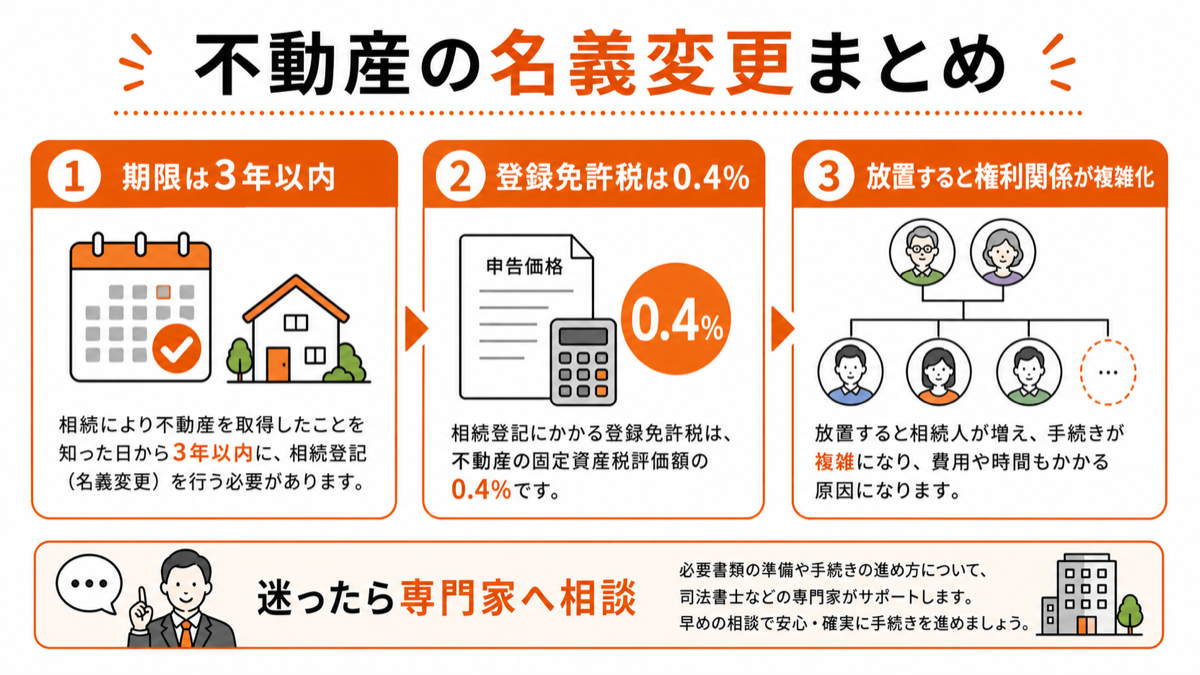 不動産の名義変更で確認すべき期限・費用・放置リスクのまとめ図解
