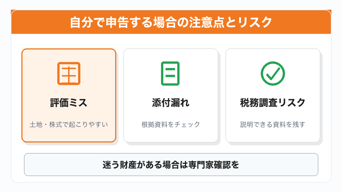 自分で相続税申告する場合の注意点とリスクをまとめた図解