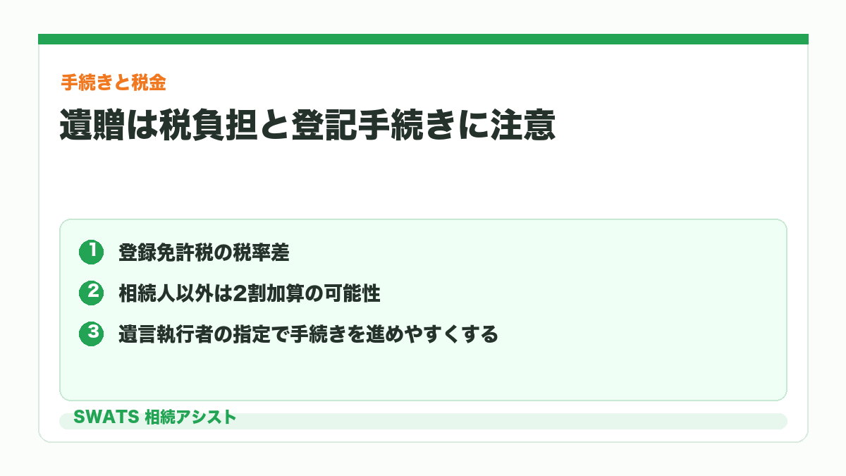 遺贈と相続の手続きや税金の違いを示す図解