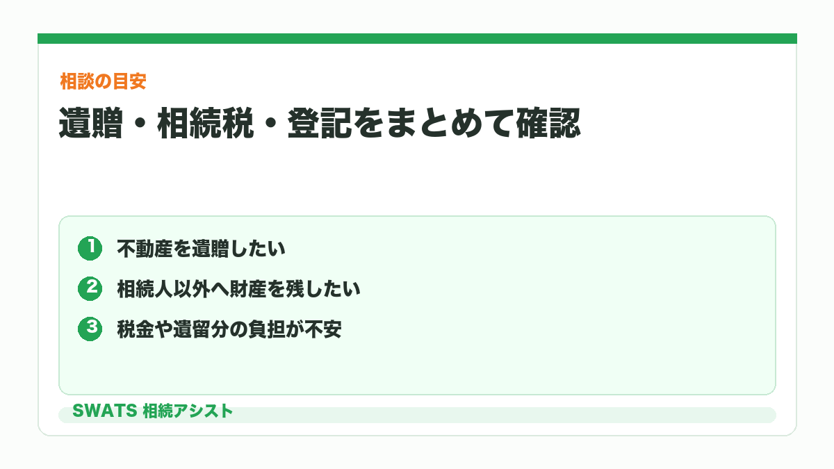 遺贈と相続税や登記の判断に不安がある場合の相談目安を示す図解