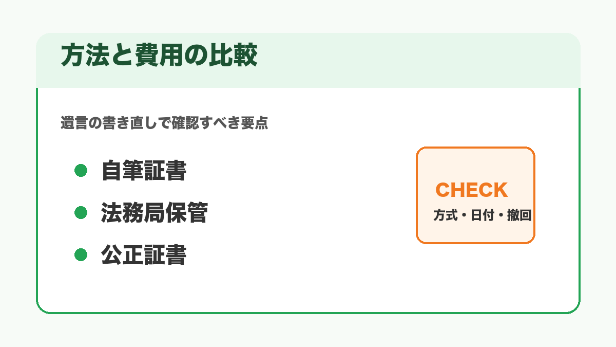 遺言の種類別に書き直し方法と費用を比較した図解