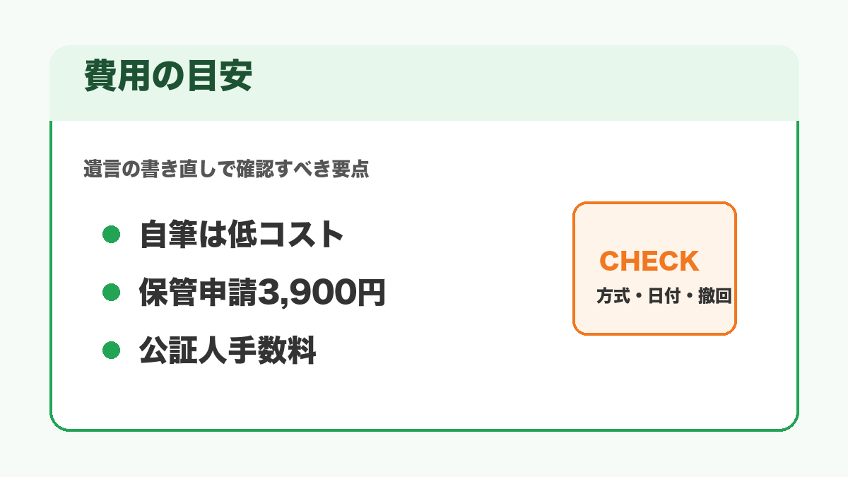 遺言書の書き直しにかかる費用の目安を示す図解