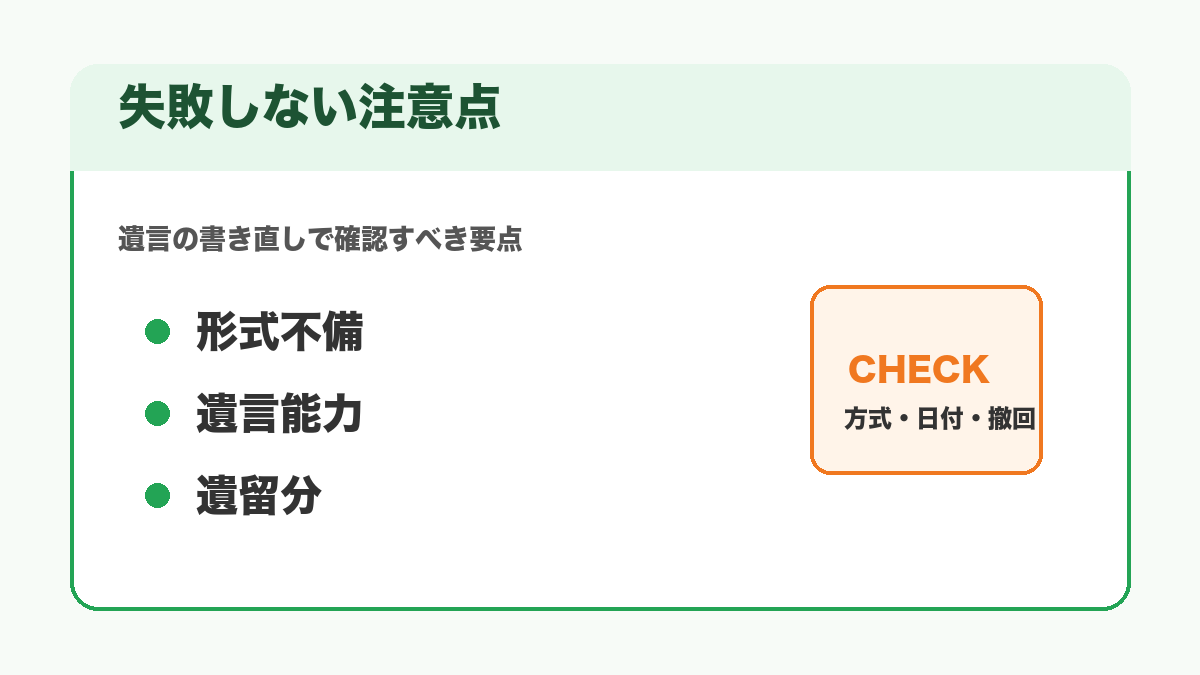 遺言の書き直しで失敗しないための注意点を示す図解
