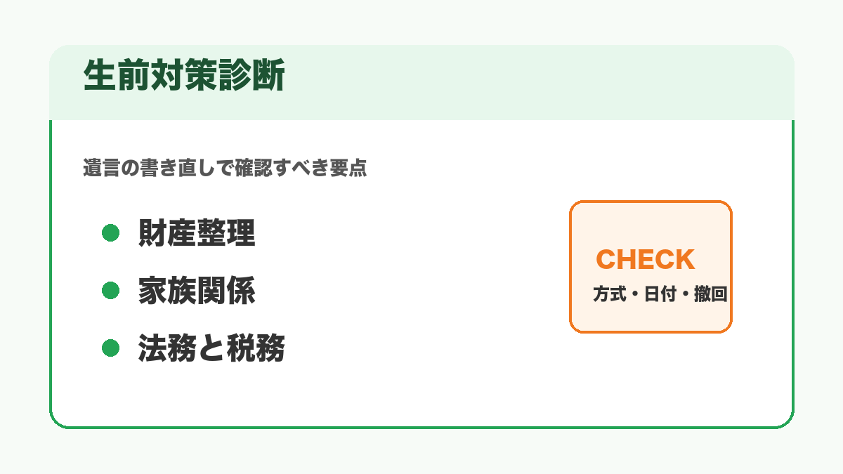 生前対策診断で遺言の書き直しを整理する流れを示す図解