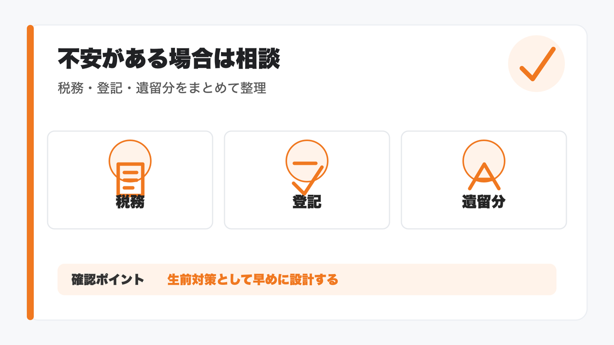 死因贈与契約と相続税や登記の判断は早めに相談することを示す図解