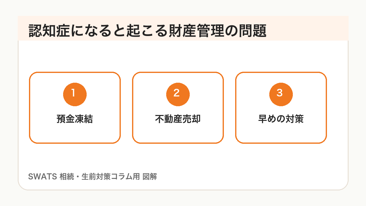 認知症になると起こる財産管理の問題の図解