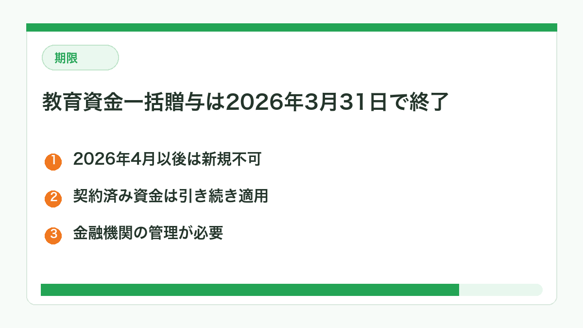 教育資金一括贈与は2026年3月31日で終了したことを示す図解
