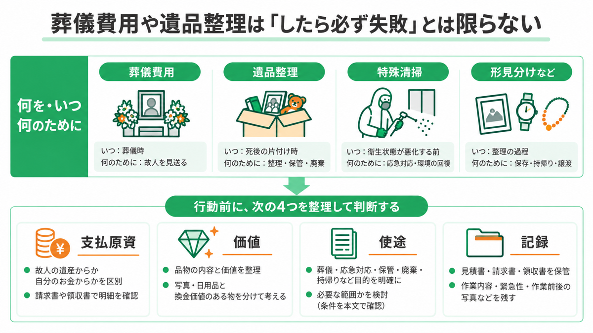 葬儀費用や遺品整理は「したら必ず失敗」とは限らないを解説する図解