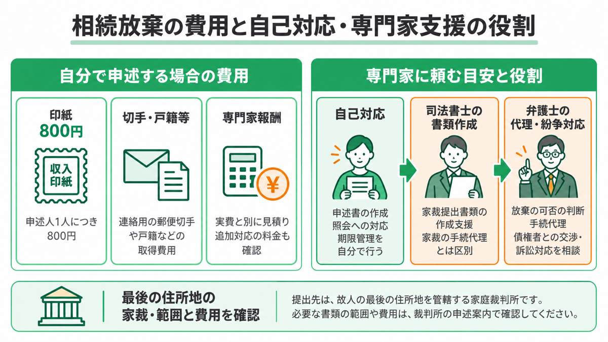 自分で申述する場合の費用と専門家に頼む目安を解説する図解