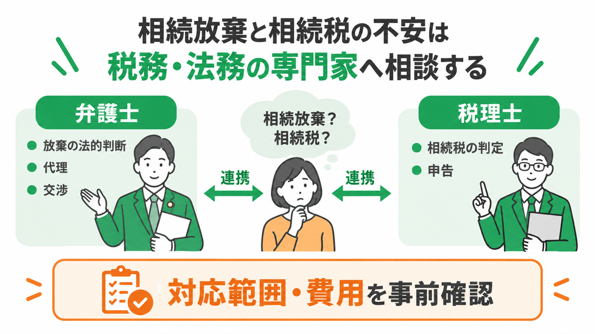 相続放棄と相続税の不安は税務・法務の専門家へ相談するを解説する図解