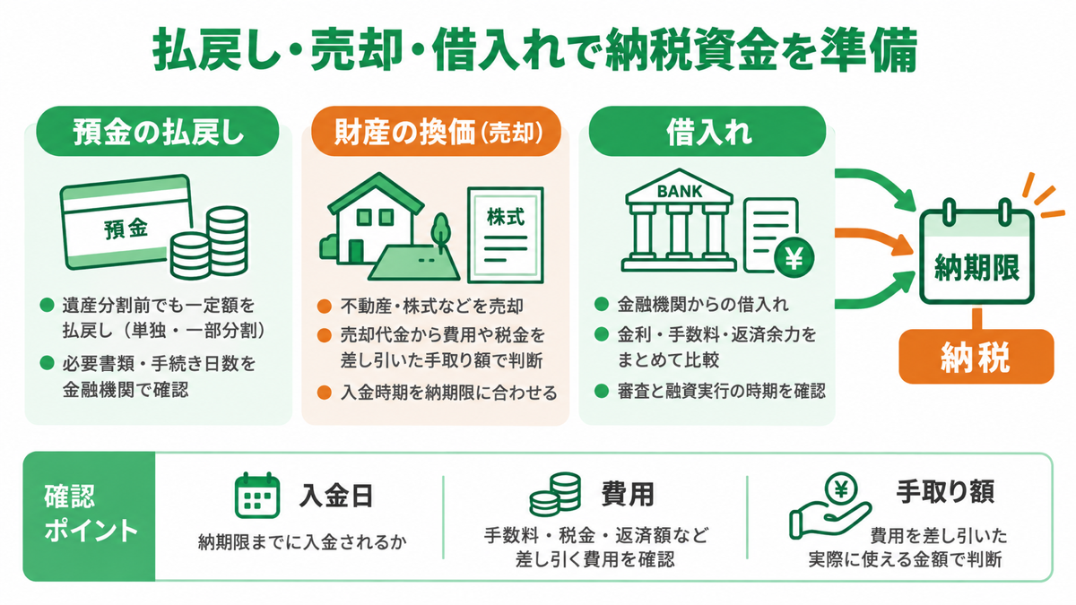 預金の払戻し・財産の換価・借入れで納税資金を確保するを解説する図解