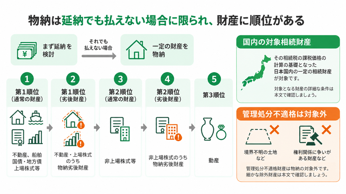 物納は延納でも払えない場合に限られ、財産に順位があるを解説する図解