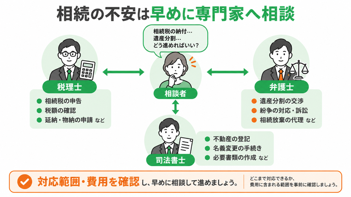 相続税の納付と遺産分割に不安がある場合は早めに相談するを解説する図解