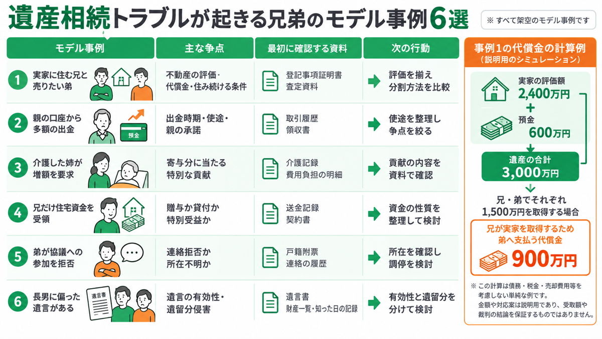 遺産相続トラブルが起きる兄弟のモデル事例6選を解説する図解