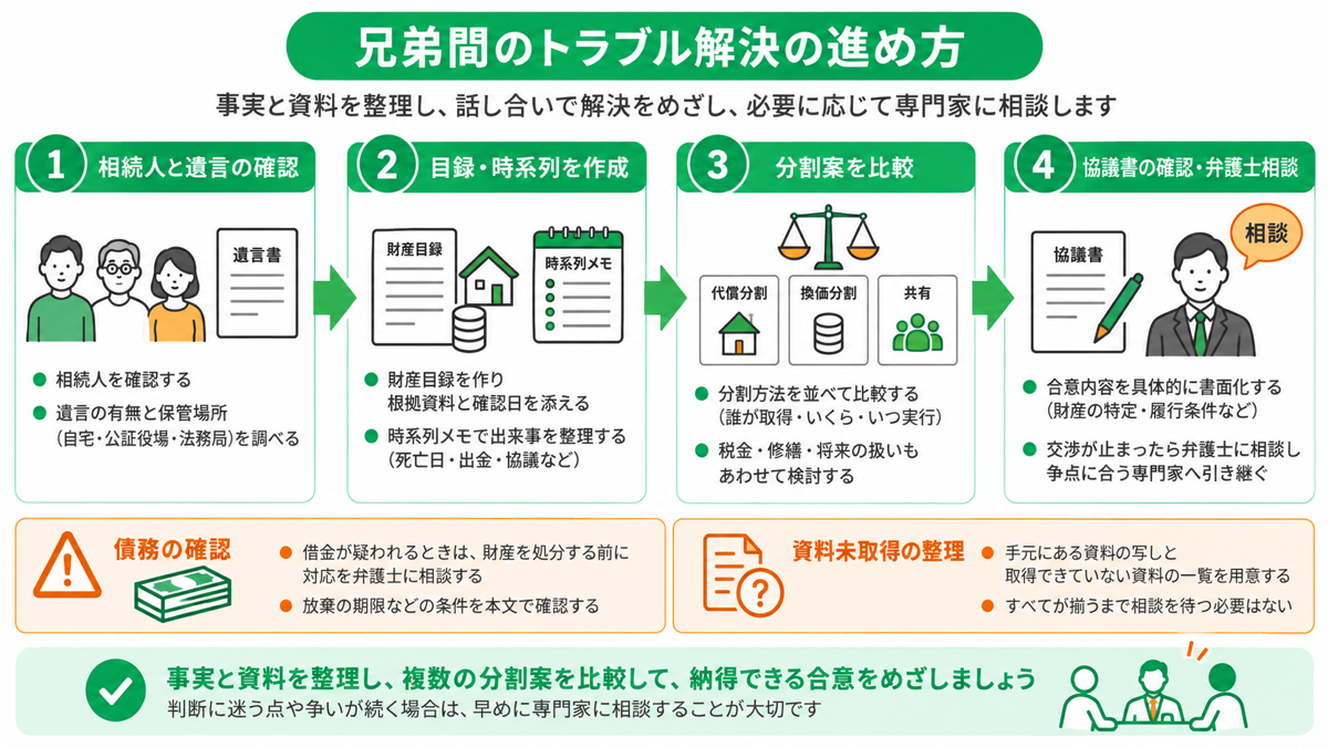 兄弟間のトラブルを解決するための進め方と必要資料を解説する図解