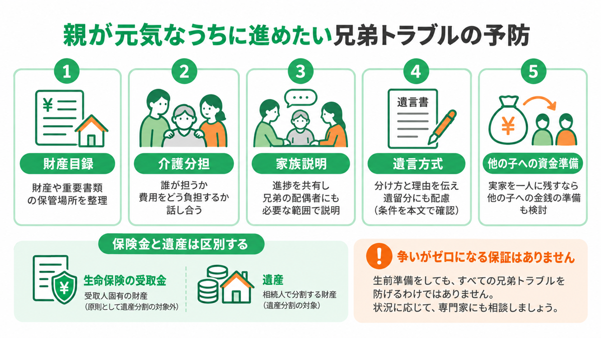 親が元気なうちに進めたい兄弟トラブルの予防を解説する図解