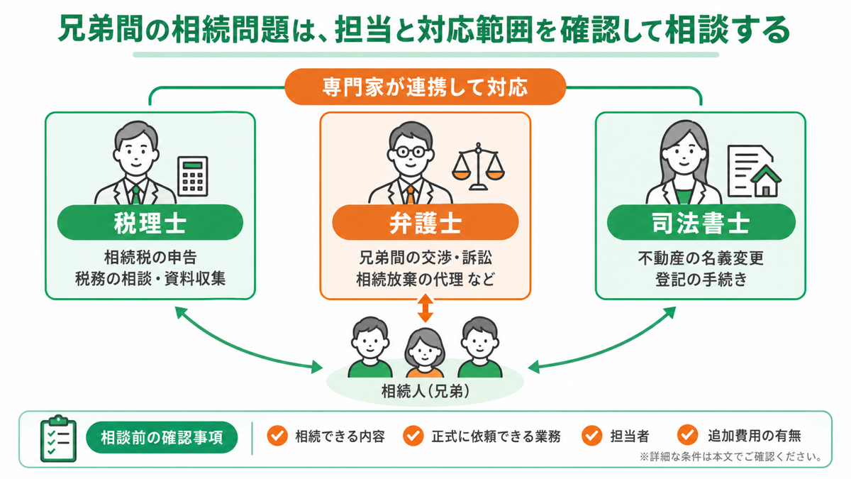 兄弟間の相続問題と相続税申告は、担当と対応範囲を確認して相談するを解説する図解