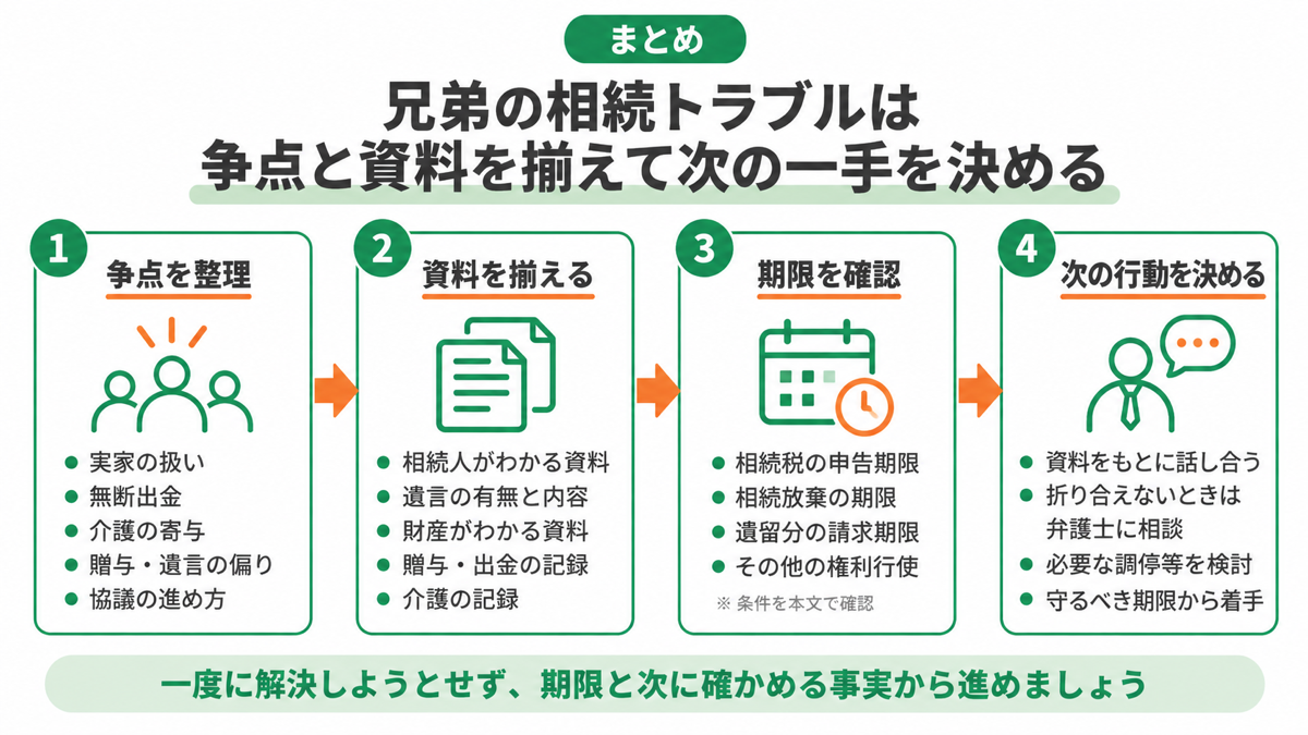 まとめ|兄弟の相続トラブルは争点と資料を揃えて次の一手を決めるを解説する図解